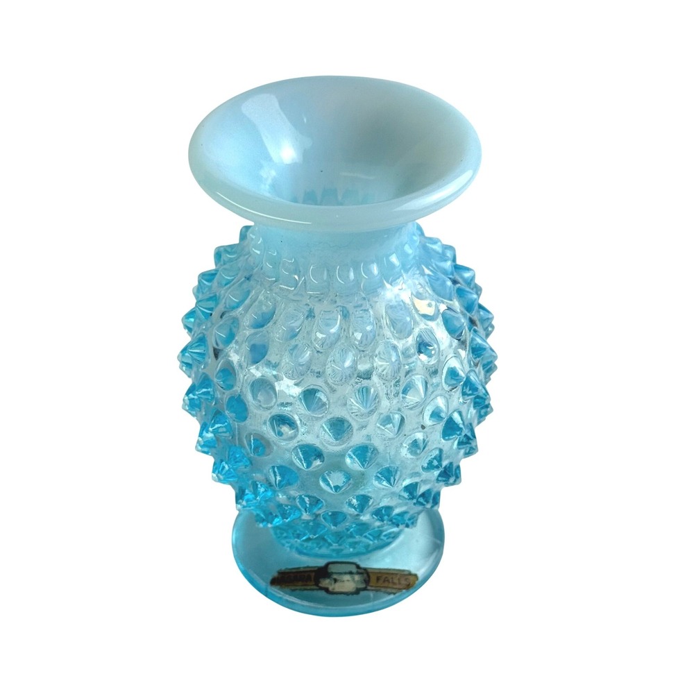 Souvenir Niagara Falls Fenton Blue Opalescent Hobnail Glass Vase 4" Vintage